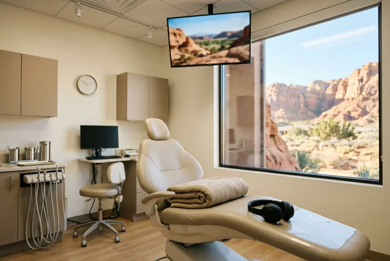 Dental chair with a blanket, headphones, and a large window overlooking a red rock desert landscape.